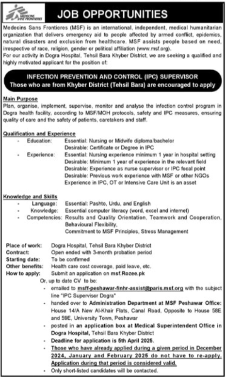 Medecins Sans Frontieres MSF KPK Jobs 2025 – Medecins Sans Frontières (MSF) Jobs 2025 — original advertisement