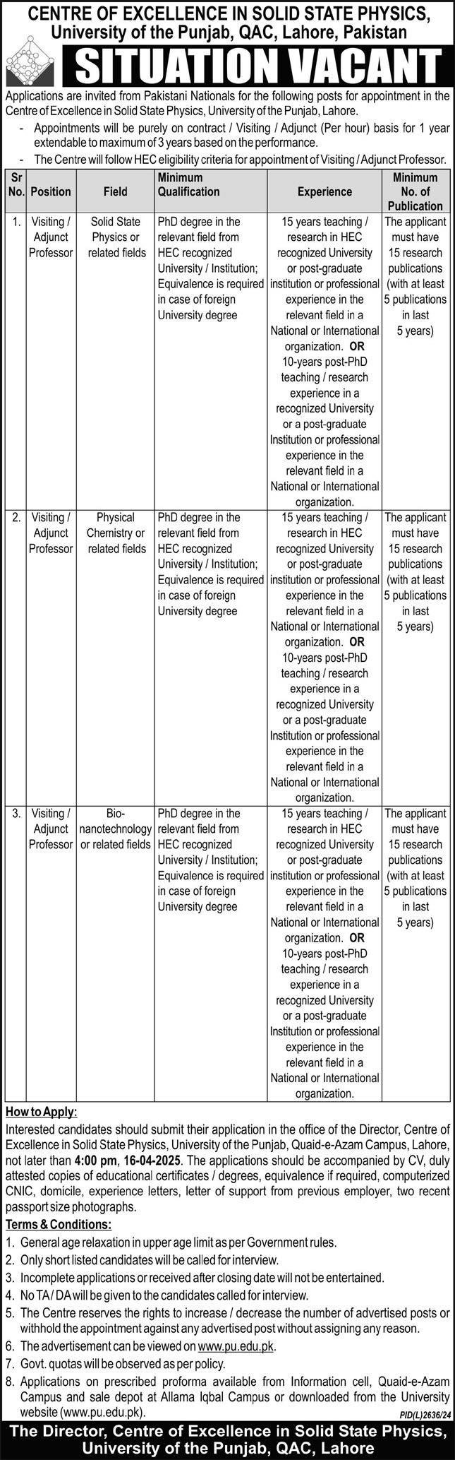 Centre Of Excellence In Solid State Physics Jobs 2025 – University of Punjab Jobs 2025 — original advertisement