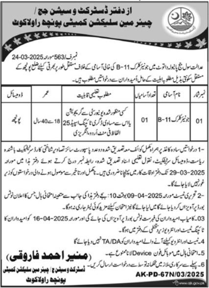 Civil Courts Poonch Azad Jammu Kashmir Job 2025 – Govt of Azad Kashmir Jobs 2025 — original advertisement