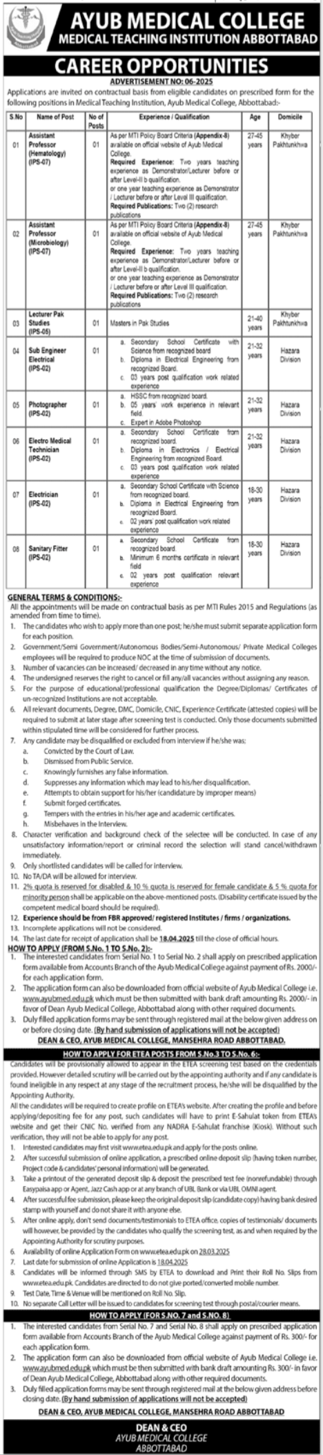 Ayub Medical College AMC MTI Abbottabad Jobs 2025 – Ayub Medical and Teaching Institution Abbottabad Jobs 2025 — original advertisement