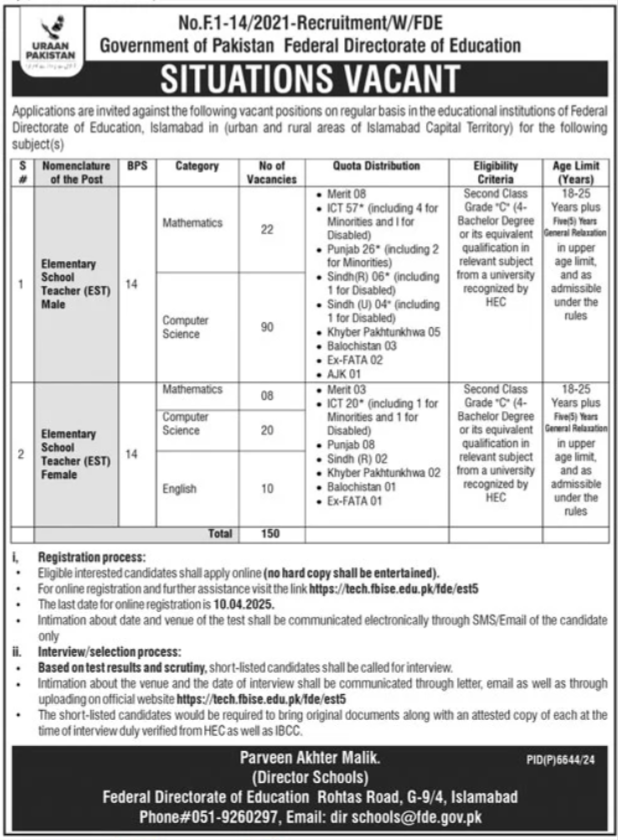 Federal Directorate Of Education FDE Jobs 2025 – Federal Directorate of Education Islamabad Jobs 2025 — original advertisement