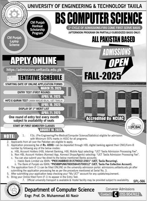 Admission Open in University of Engineering And Technology – University of Engineering and Technology Taxila Admissions 2025 — original advertisement