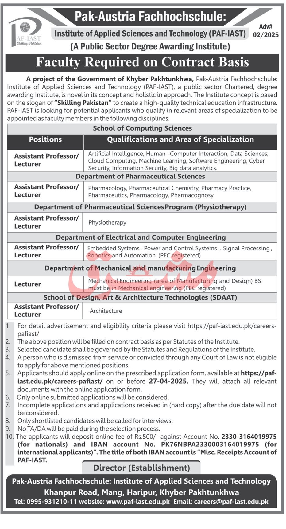 PAF Institute Of Applied Sciences Haripur Jobs 2025 – Pak Austria Fachhochschule PAF Jobs 2025 — original advertisement
