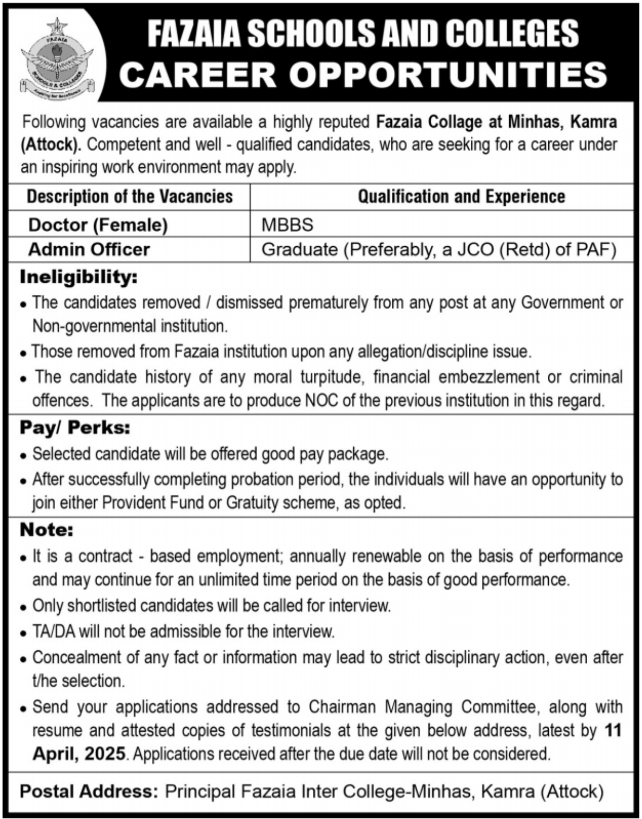 Fazaia College At Minhas Kamra Jobs 2025 – Fazaia Schools & Colleges Jobs 2025 — original advertisement
