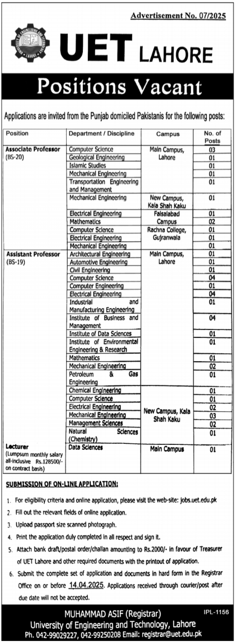 University of Engineering and Technology UET Lahore Job 2025 – University of Engineering  & Technology Lahore Jobs 2025 — original advertisement