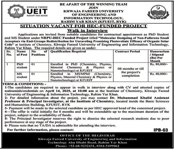 KFUEIT Khwaja Fareed University Rahim Yar Khan Jobs 2025 – Khawaja Fareed University of Engineering and Information Technology Jobs 2025 — original advertisement