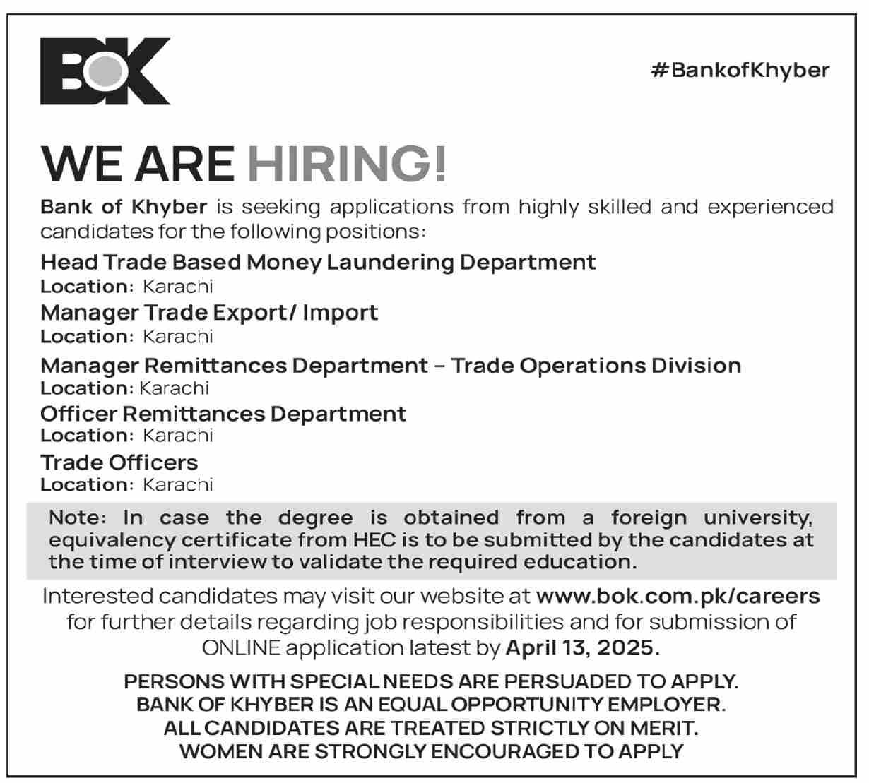 The Bank Of Khyber BOK Karachi Jobs 2025 Jobs 2025 — original advertisement