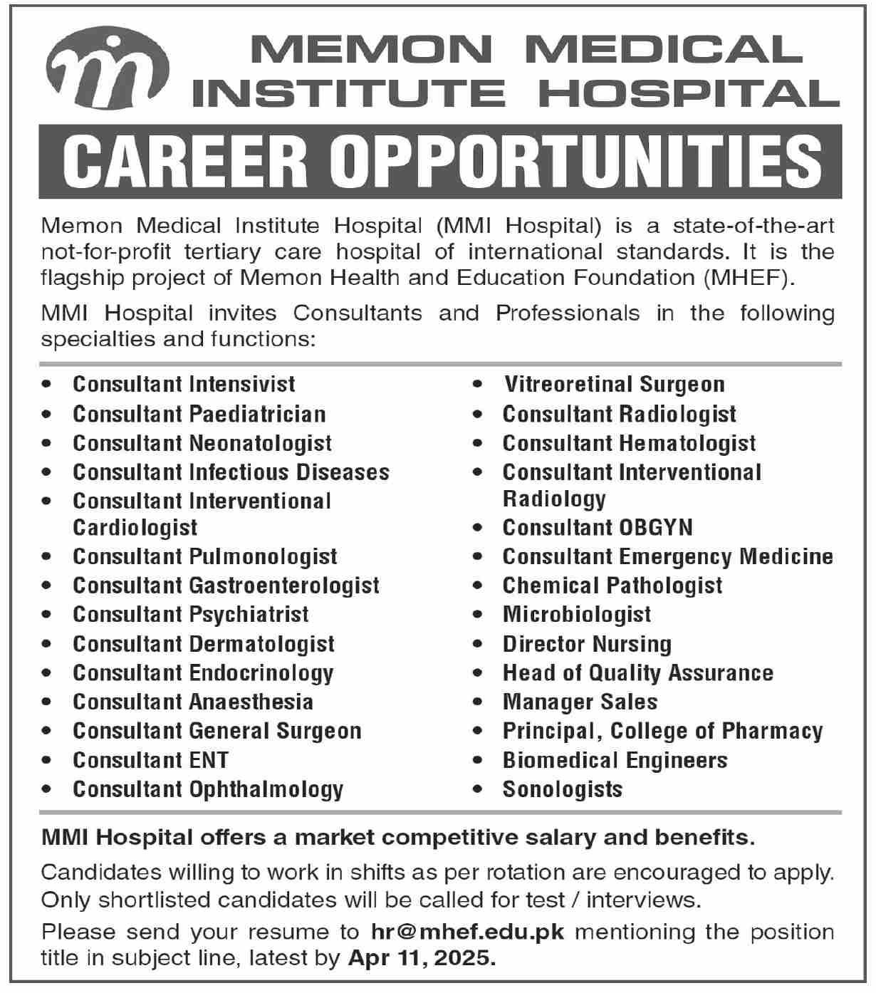 Memon Medical Institute Hospital Karachi Jobs 2025 – Mufti Mehmood Memorial Teaching Hospital DI Khan Jobs 2025 — original advertisement