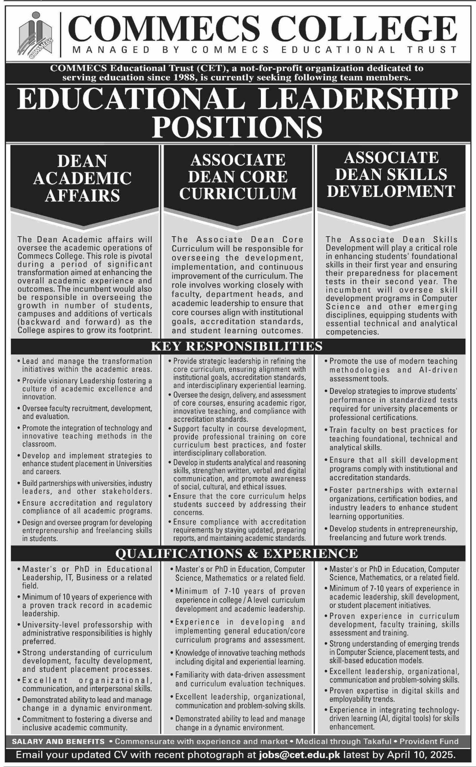 Commecs College Karachi Sindh Jobs 2025 – Public Sector Organization Jobs 2025 — original advertisement
