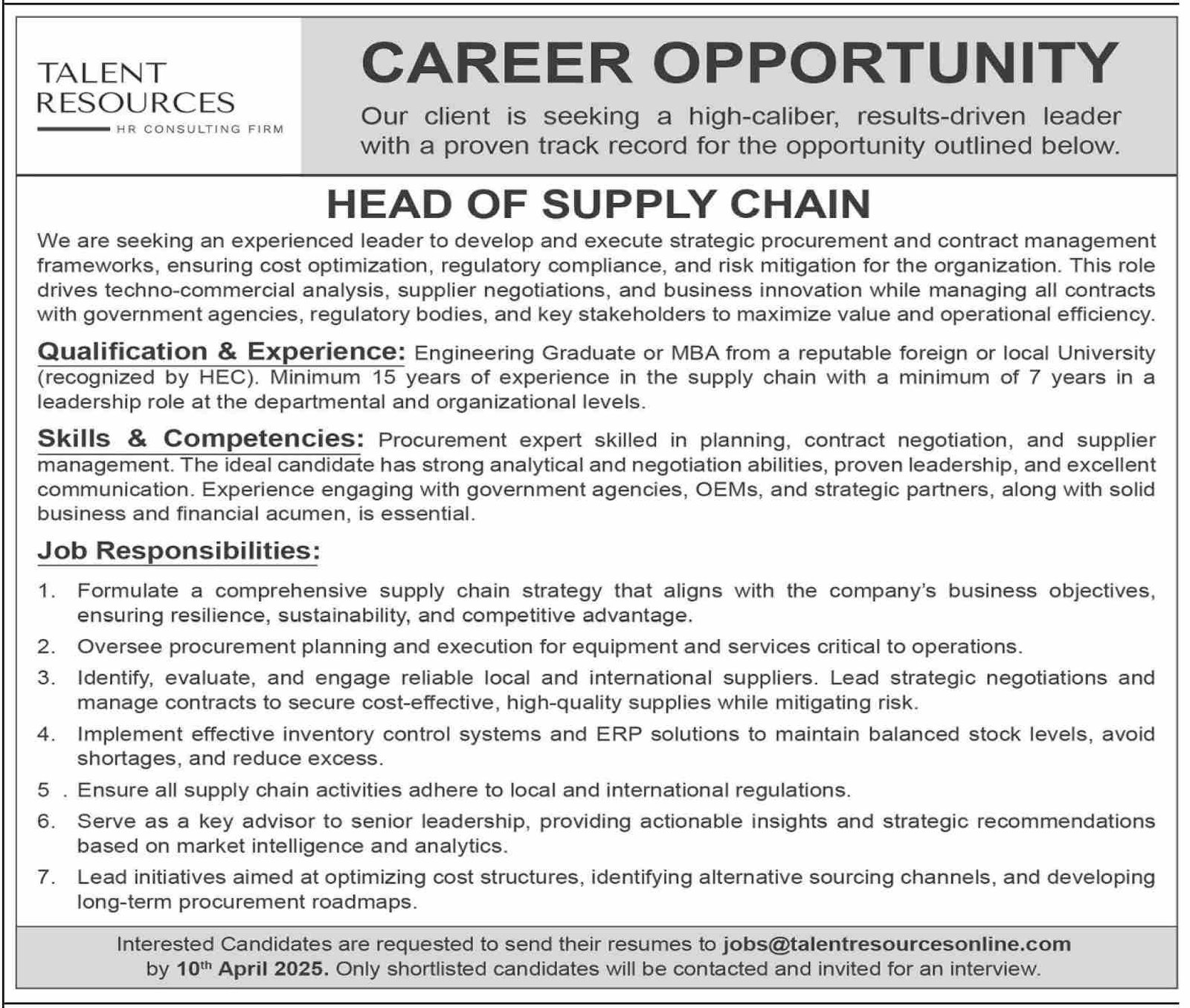 Talent Resources Karachi Sindh Jobs 2025 – Private Sector Organization Jobs 2025 — original advertisement