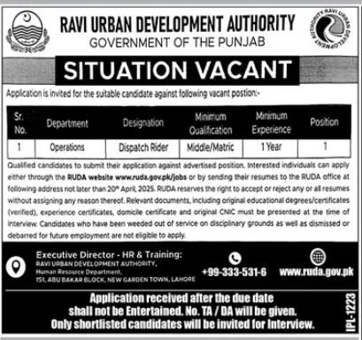 Ravi Chemical Complex Lahore Jobs 2025 – Ravi Urban Development Authority RUDA Punjab Jobs 2025 — original advertisement