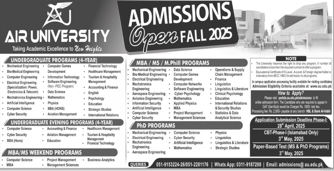 Admission Open in Air University 2025 – Air University Multan Campus Admissions 2025 — original advertisement