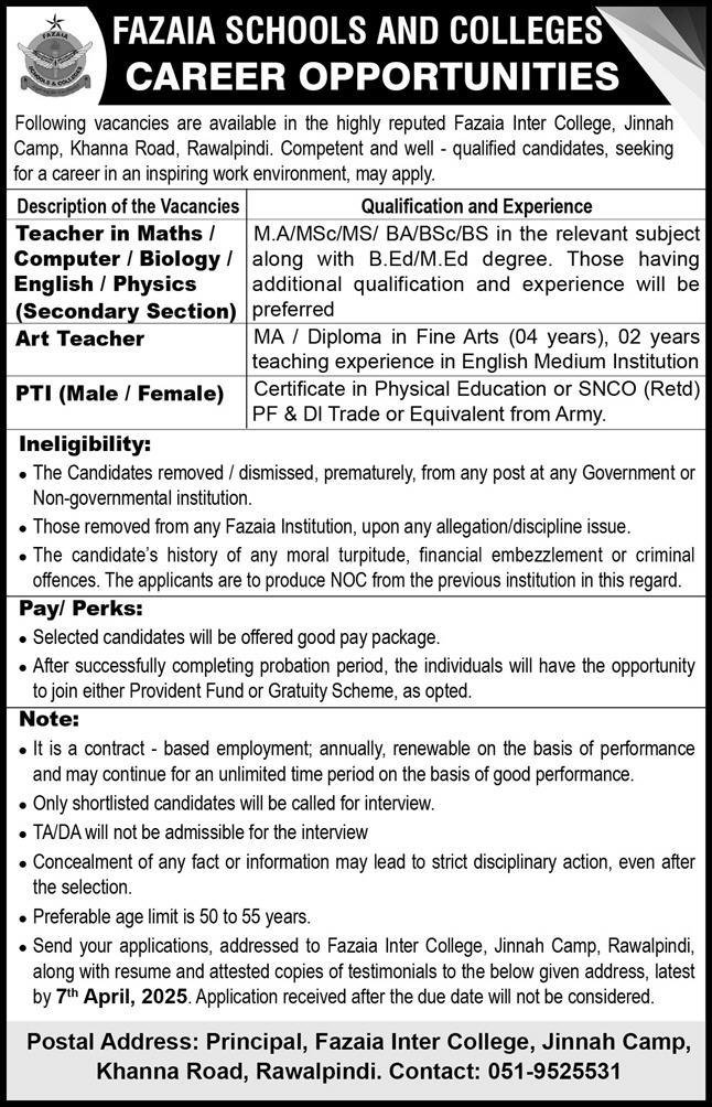 Fazaia Schools And Colleges Rawalpindi Jobs 2025 – Fazaia Schools & Colleges Jobs 2025 — original advertisement
