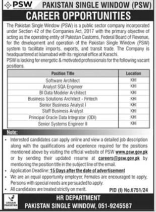 Pakistan single window karachi Sindh Jobs 2025 – Pakistan Single Window PSW Jobs 2025 — original advertisement