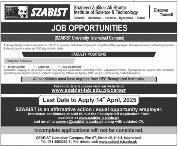 Shaheed Zulfiqar Ali Bhutto Institite of Science Jobs – Shaheed Zulfiqar Ali Bhutto Medical University Islamabad Jobs 2025 — original advertisement