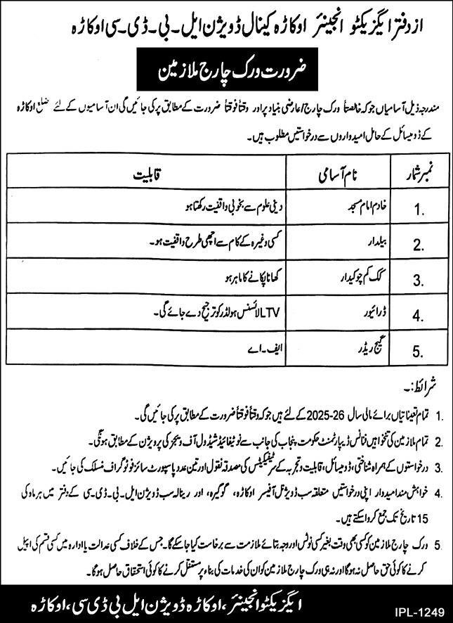 Okara Canal Division LBDC Irrigation Department Jobs 2025 – Irrigation Department Punjab Jobs 2025 — original advertisement