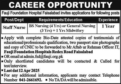 Fauji Foundation Hospital Faisalabad Jobs 2025 – Fauji Foundation Rawalpindi Jobs 2025 — original advertisement