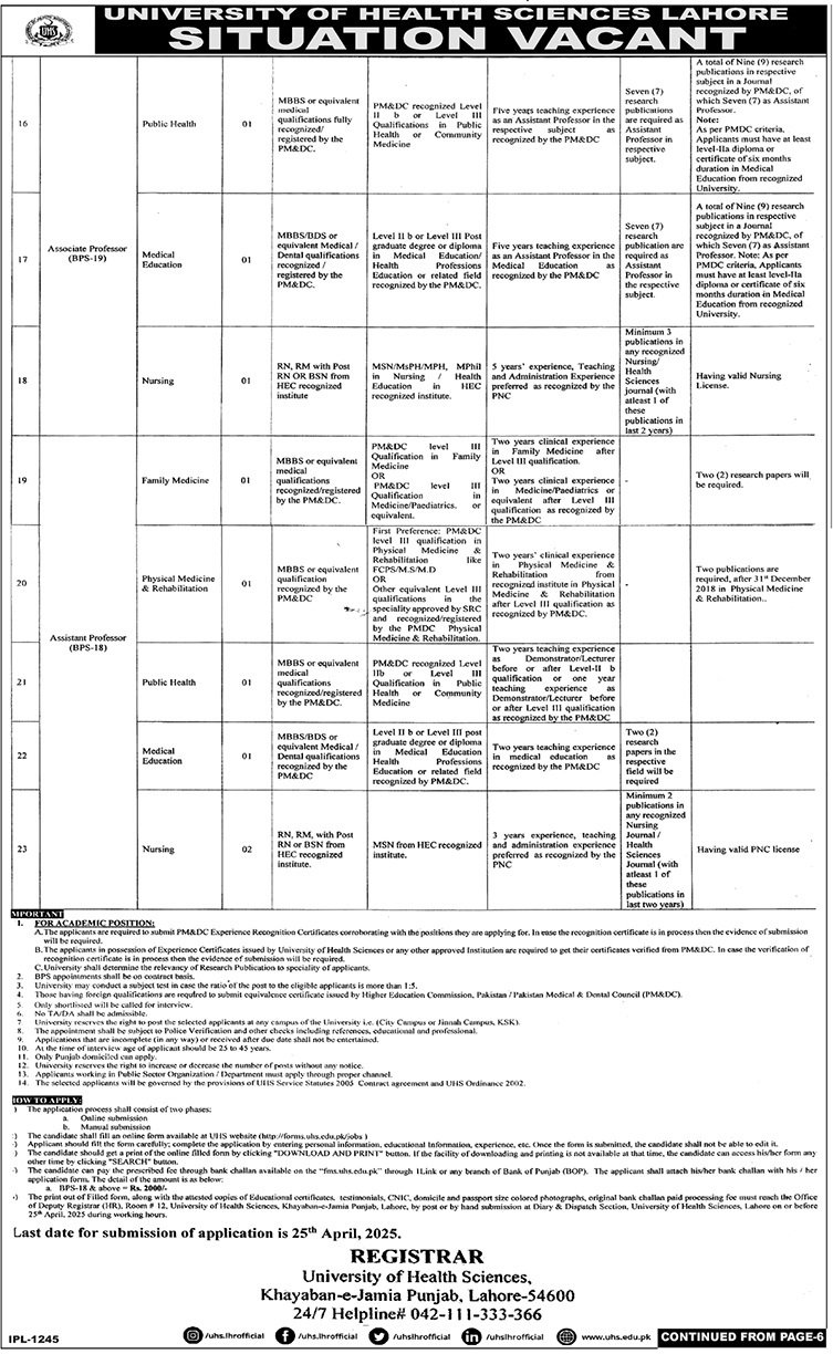 University of Health Sciences Lahore Punjab Jobs 2025 Jobs 2025 — original advertisement