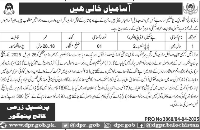 Agriculture College Panjgur Balochistan Jobs 2025 Jobs 2025 — original advertisement
