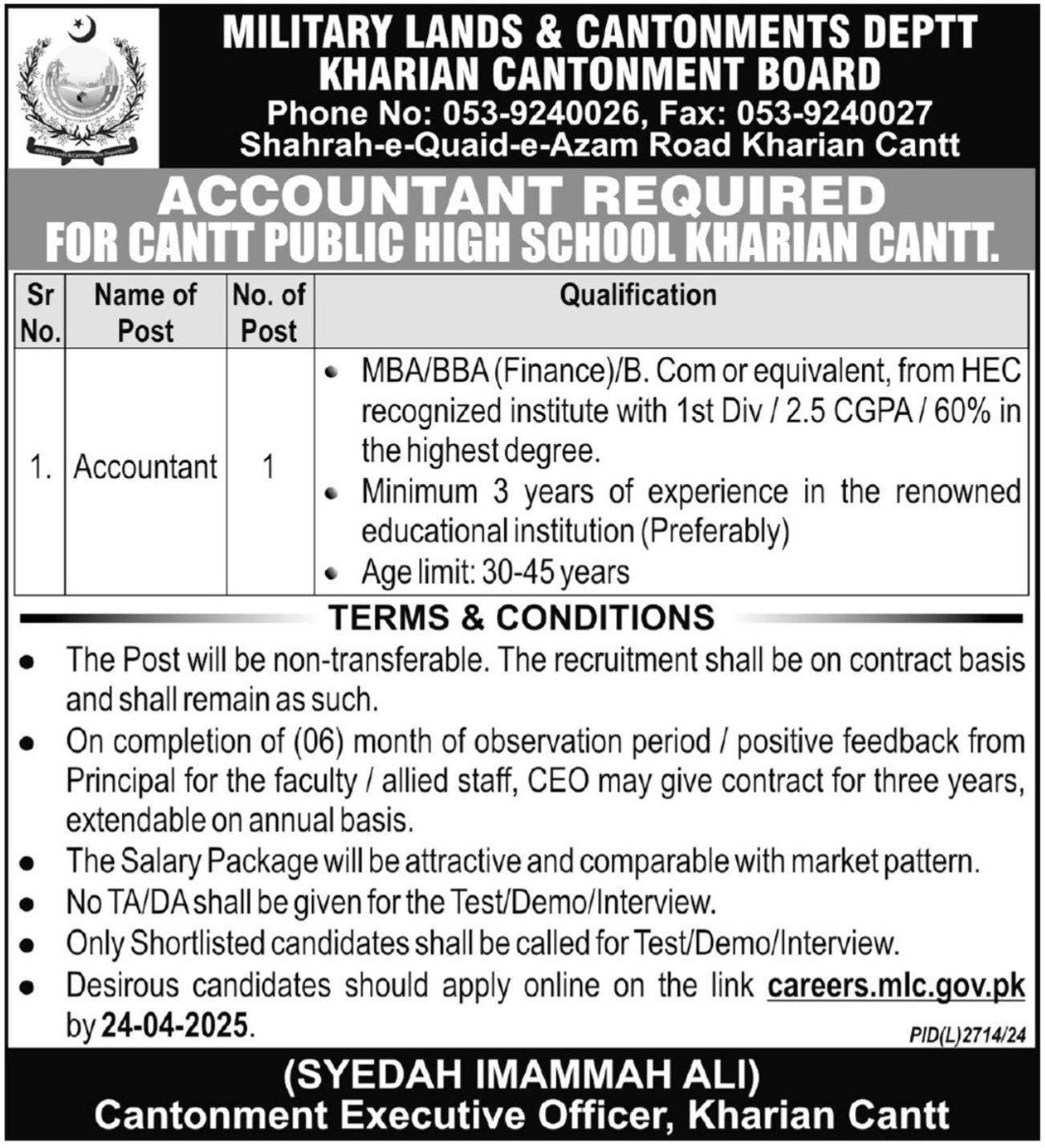 Cantt Public High School Kharian Cantt Jobs 2025 – Cant Public High School & Girls College Jobs 2025 — original advertisement