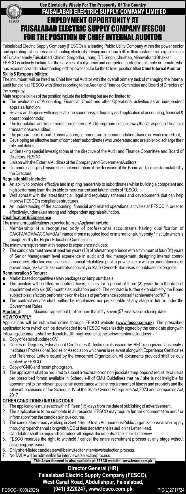 Faisalabad Electric Supply Company Limited FESCO Jobs 2025 Jobs 2025 — original advertisement