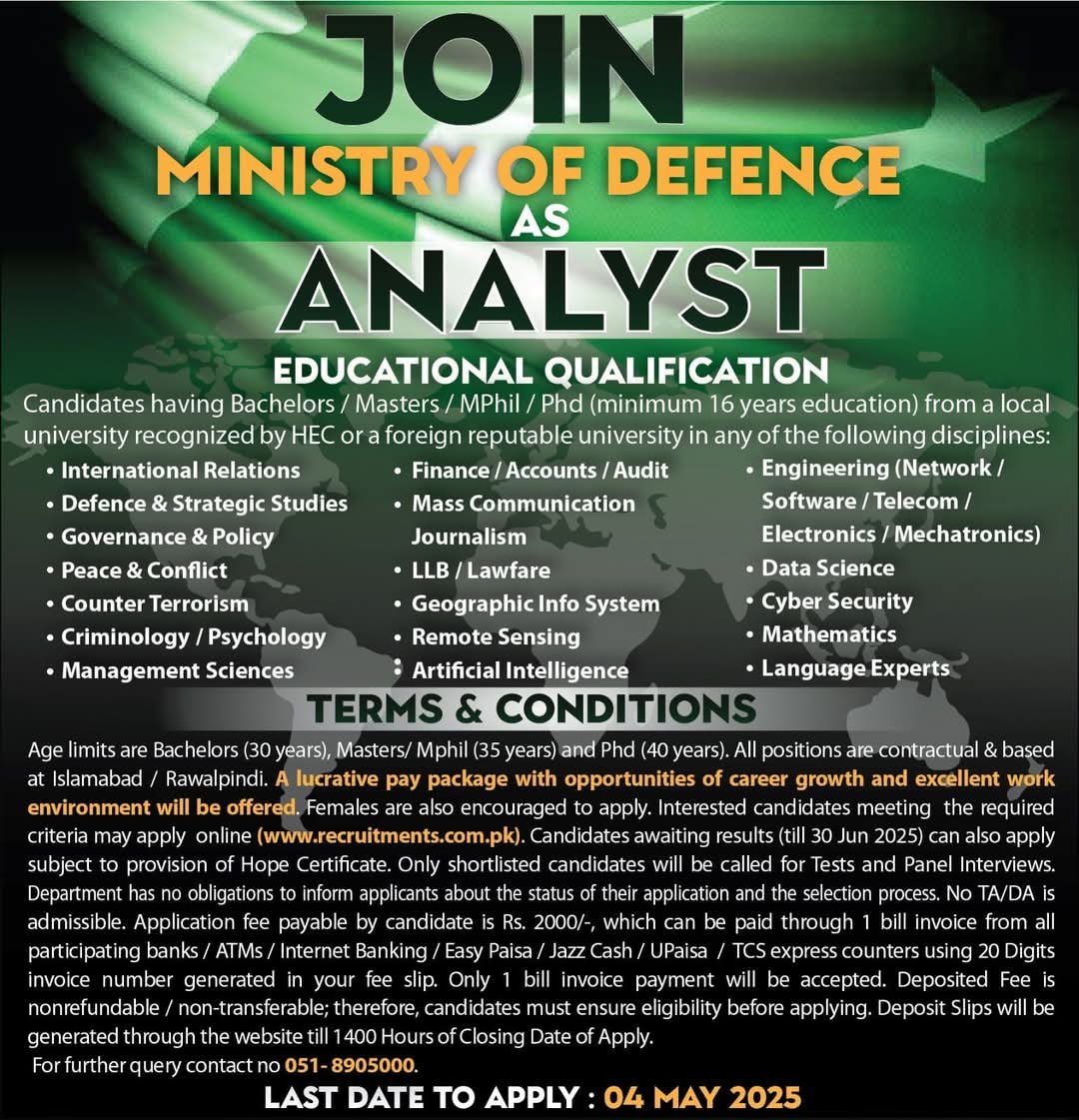Ministry Of Defence Islamabad Jobs 2025 – Ministry of Defence Pakistan Jobs 2025 — original advertisement