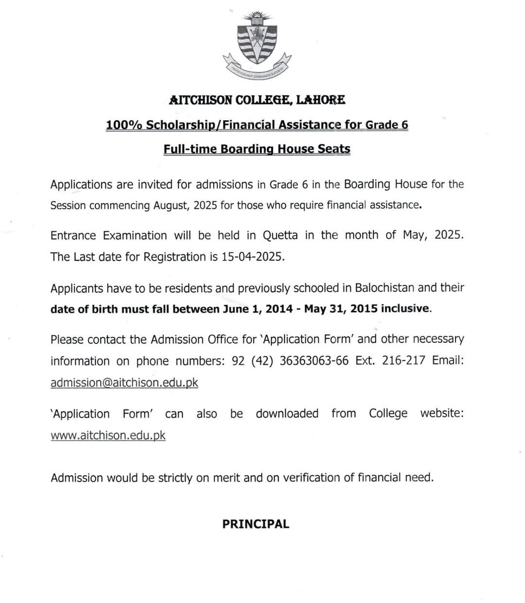 Admission Open in Aitchison College Lahore Punjab 2025 Admissions 2025 — original advertisement