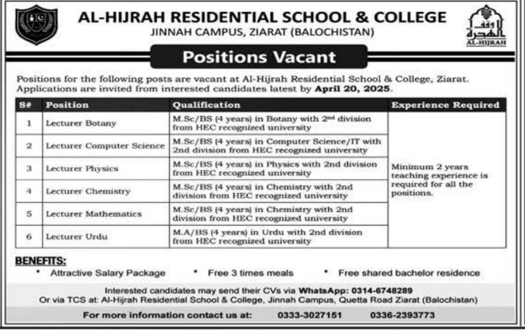 Al-Hijrah Residential School And College Ziarat Jobs 2025 – Al Hijrah Residential School And College Jinnah Campus Jobs 2025 — original advertisement
