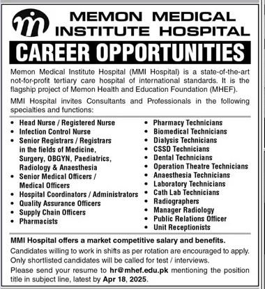 Memon Medical Institute Hospital Karachi Jobs 2025 – Public Sector Organization Jobs 2025 — original advertisement