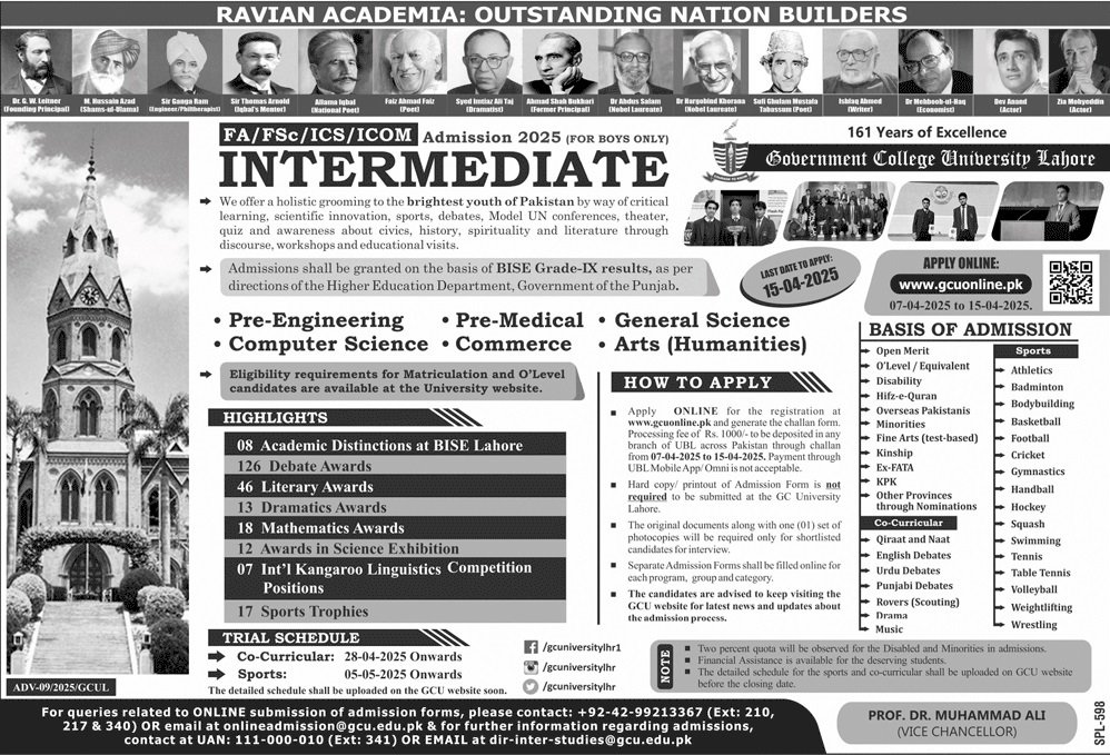 Admission Open in Government College University Lahore 2025 Admissions 2025 — original advertisement