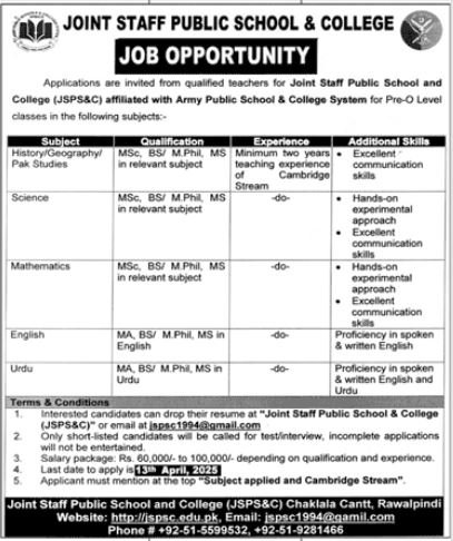 Joint Public School And College Rawalpindi Jobs 2025 – Army Public School & College Paksitan Jobs 2025 — original advertisement