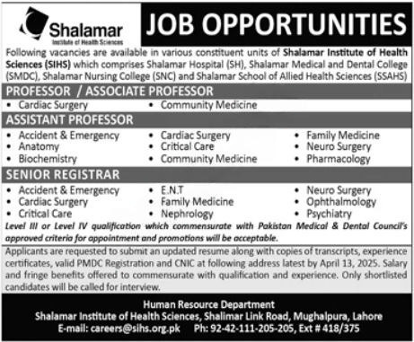 Shalamar Institute Of Health Sciences Lahore Jobs 2025 Jobs 2025 — original advertisement