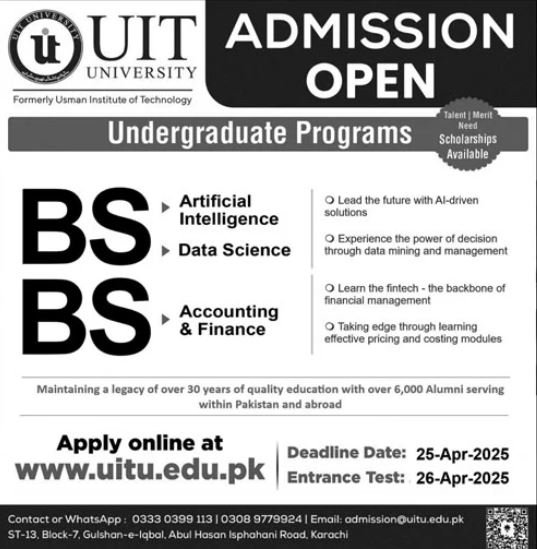 Admission Open in Usman Institute of Technology 2025 – Usman Institute Of Technology UIT Karachi Admissions 2025 — original advertisement