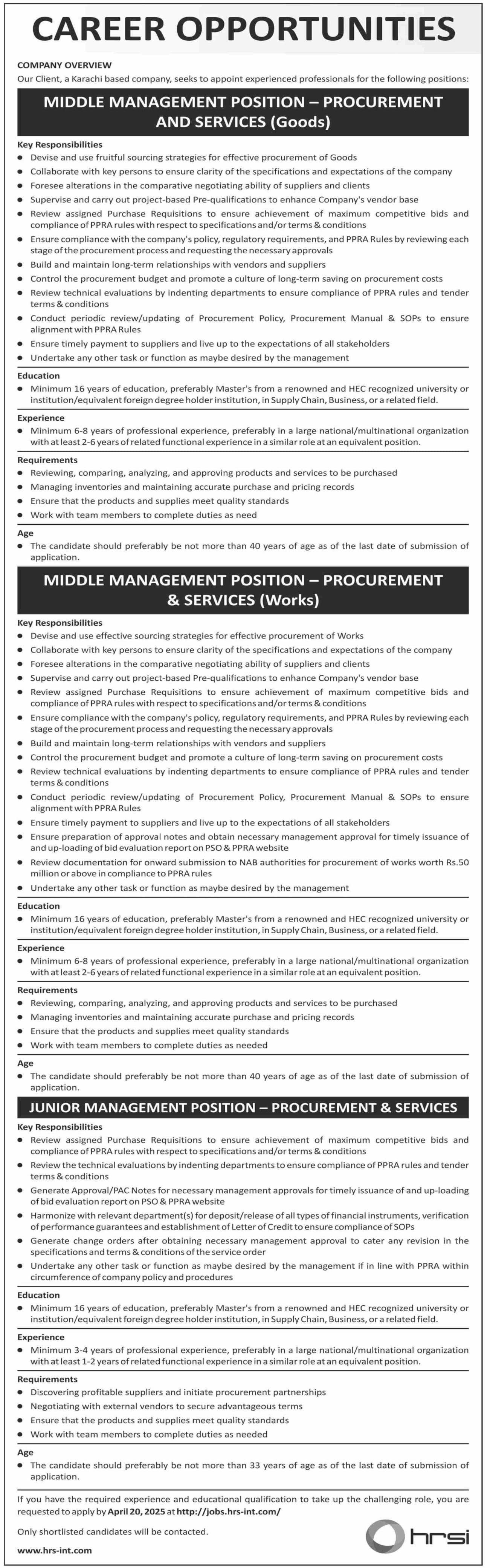 Human Resource Solution International HRSI Jobs 2025 – HRSG People and Business karachi Jobs 2025 — original advertisement