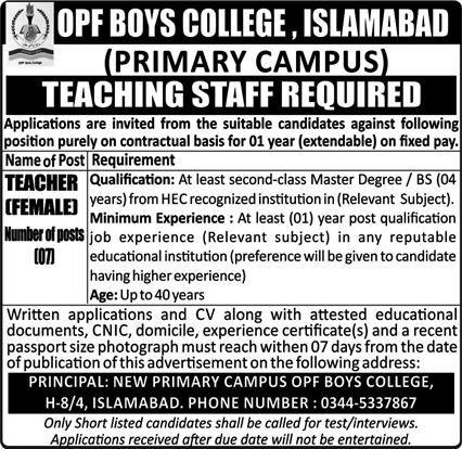 OPF Boys College Primary Campus Islamabad Jobs 2025 – OPF Public School Jobs 2025 — original advertisement