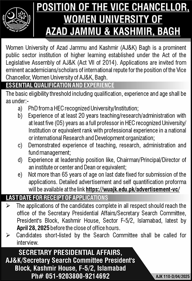 Women University Of Azad Jammu & Kashmir Bagh Job 2025 – Women University Bagh AJk Jobs 2025 — original advertisement