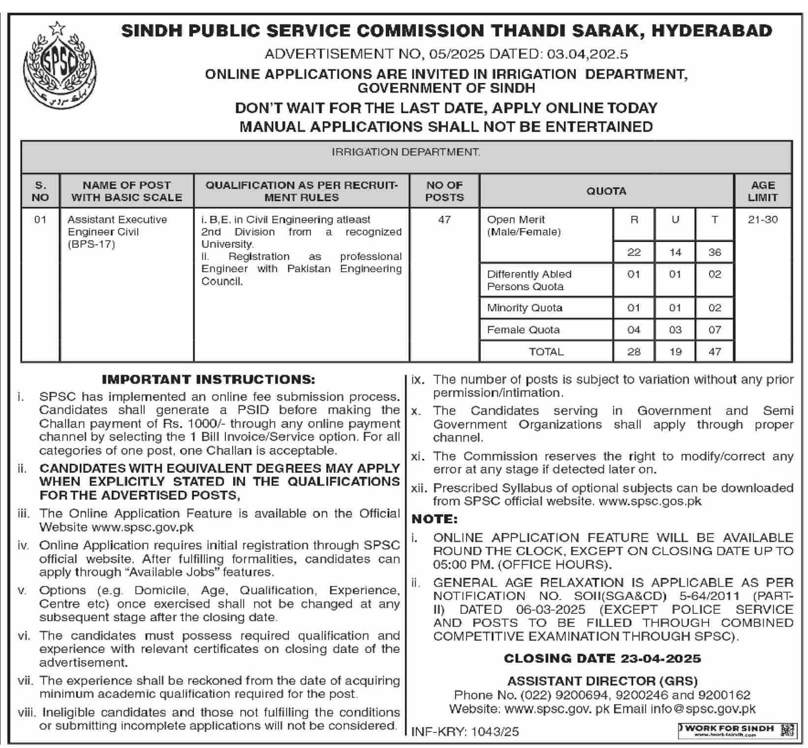 SPSC Sindh Public Service Commission Hyderabad Job 05/2025 – Sindh Public Service Commission at Karachi Jobs 2025 — original advertisement