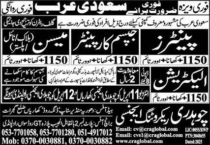 Painters And Mason Jobs in Saudia Arabia 2025 – Chaudhry Recruiting Agency Jobs 2025 — original advertisement