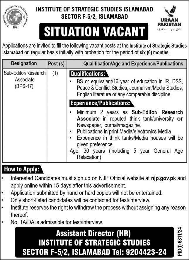 Institute Of Strategic Studies ISSI Islamabad Jobs 2025 – Institute of Strategic Studies Islamabad Jobs 2025 — original advertisement
