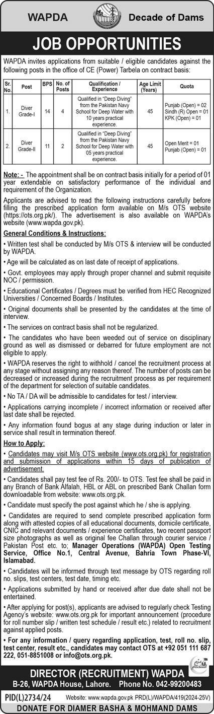 WAPDA Water & Power Development Authority Lahore Jobs 2025 – Water and Power Development Authority Jobs 2025 — original advertisement