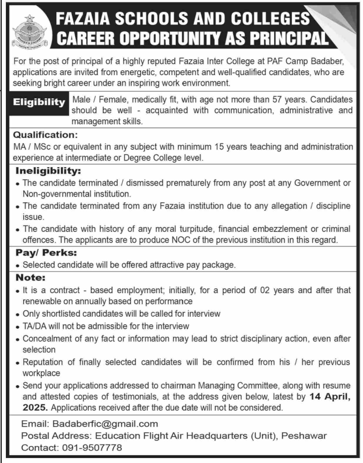 Fazaia School and Colleges Peshawar Jobs 2025 – Fazaia Schools & Colleges Jobs 2025 — original advertisement