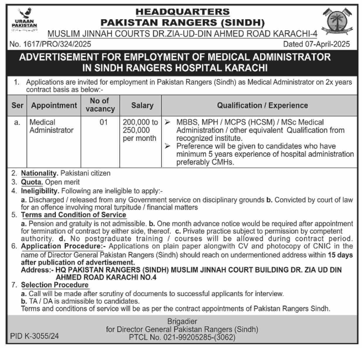 Pakistan Rangers Sindh Karachi Jobs 2025 – Sindh Rangers Jobs 2025 — original advertisement