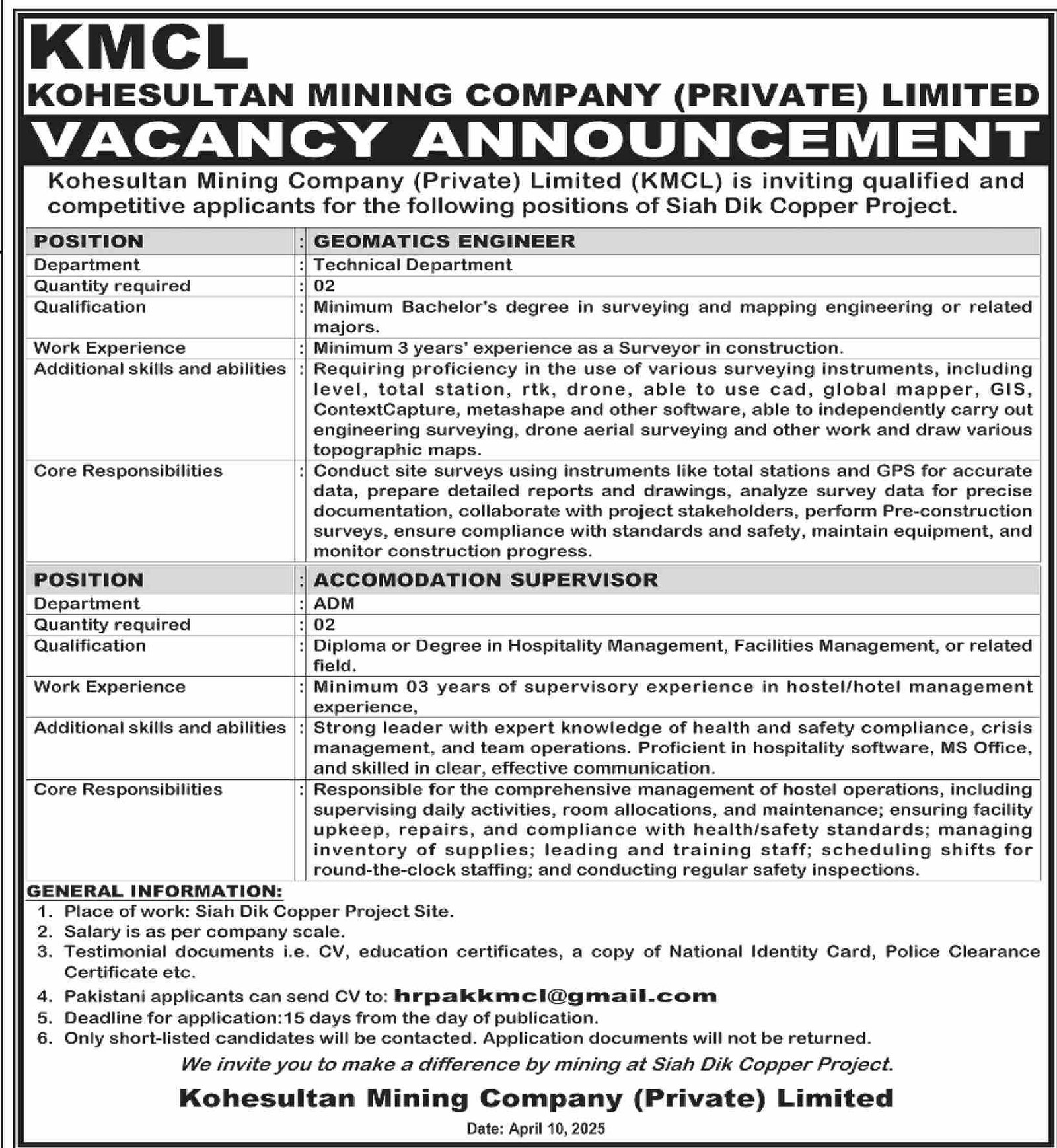 KoheSultan Mining Company Limited KMCL Jobs 2025 – Private Company Jobs 2025 — original advertisement