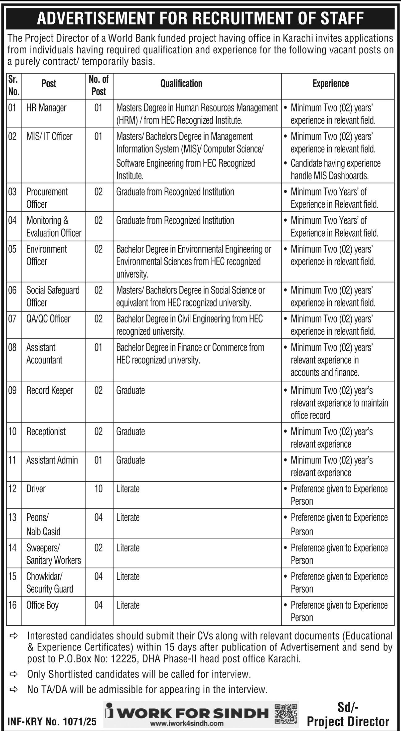 World Bank Funded Project Karachi Jobs 2025 Jobs 2025 — original advertisement