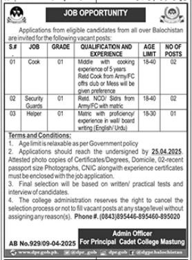 Cadet College Mastung Balochistan Jobs 2025 Jobs 2025 — original advertisement