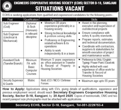 Engineers Cooperative Housing Society Sangjani Jobs 2025 – Public Sector Organization Jobs 2025 — original advertisement