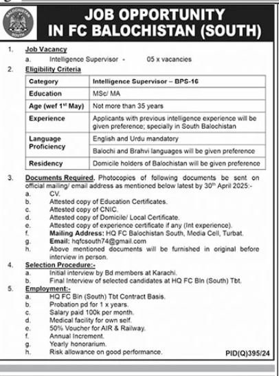 Fc Balochistan South Jobs 2025 – Frontier Works Organization Jobs 2025 — original advertisement