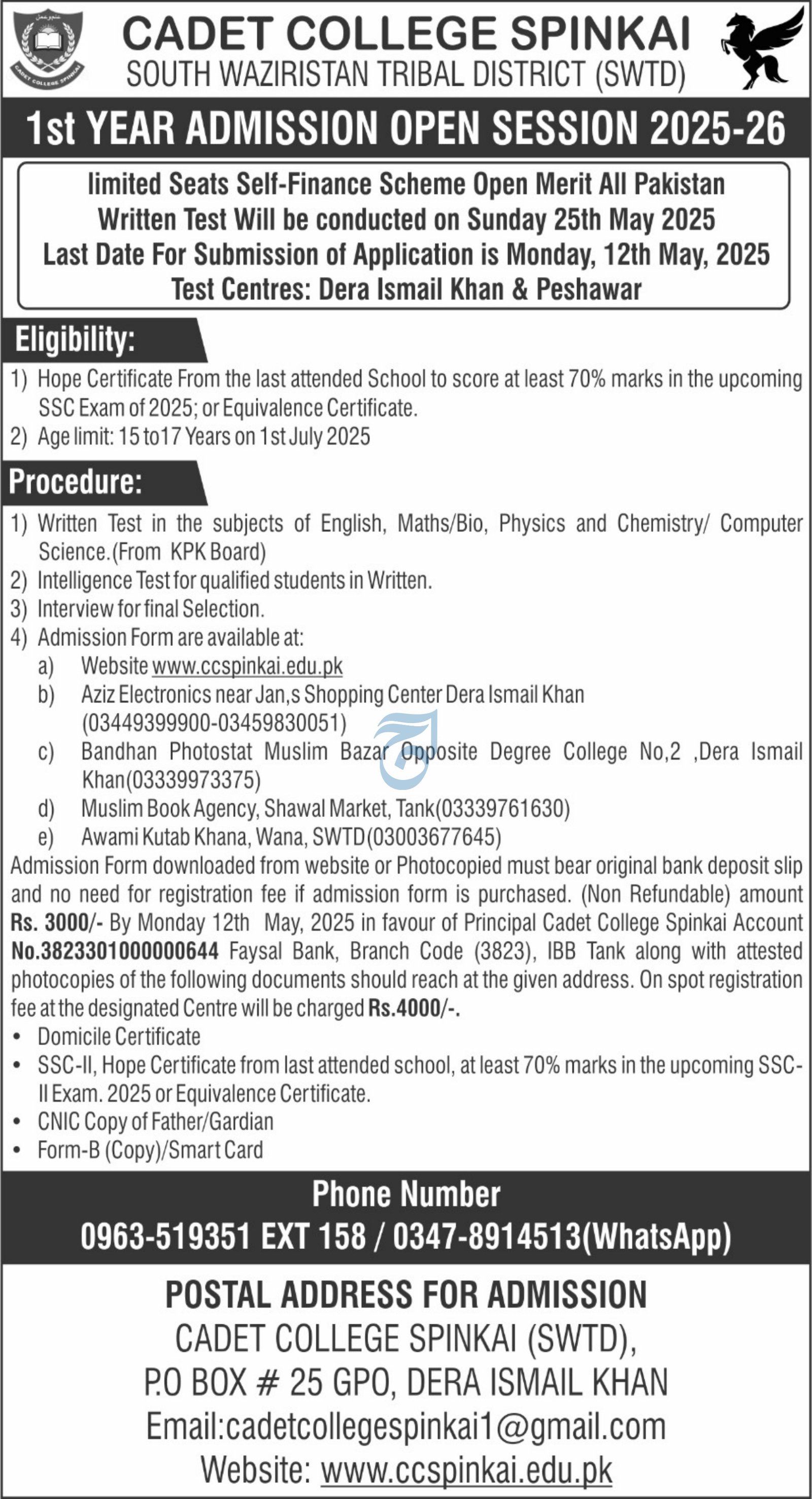 Admission Open in Cadet College Spinkai South Wazirstan 2025 – Cadet College Spinkai South Waziristan Agency Admissions 2025 — original advertisement