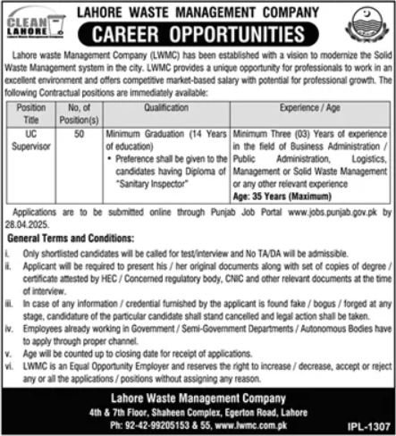 Lahore Waste Management Company Job 2025 – Lahore Waste Management Company Lahore Jobs 2025 — original advertisement