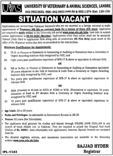 University Of Veterinary & Animal Sciences Lahore Job 2025 – University of Veterinary and Animal Sciences Lahore Jobs 2025 — original advertisement